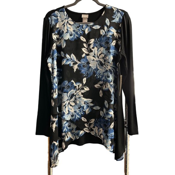 Chico’s NWT size 1 (M) navy blue floral print crossover drape long sleeve top - Picture 1 of 9